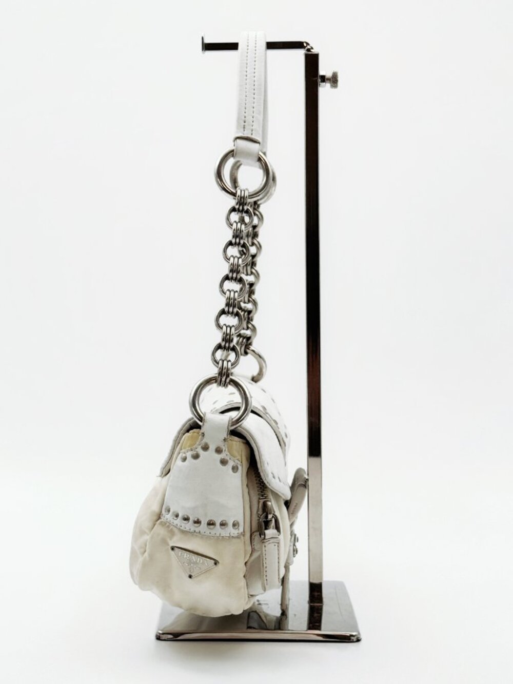 Prada White Leather Studded Chain Shoulder Bag Vintage Y2K Buckle Flap - Picture 4 of 12